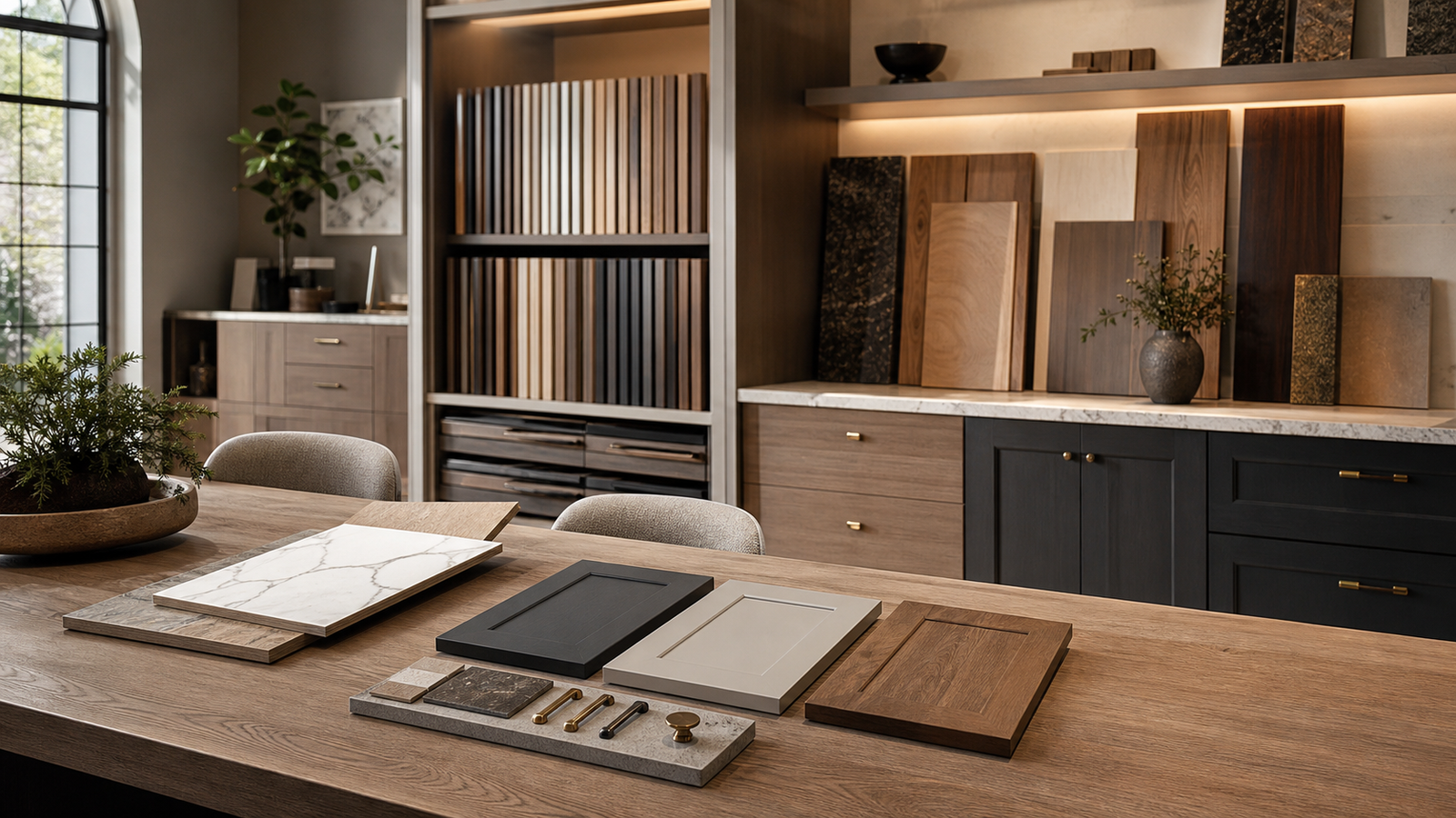 Cabinetry design studio with door fronts, finishes, hardware, and consultation table
